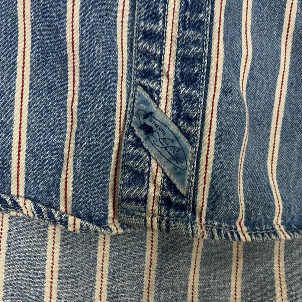 Vintage Levis Denim Shirt Mens Large Blue Selvedge Stripe Print Metal Button Up